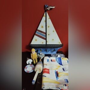 21 piece Bathroom Decor including shower curtain and wooden sailboat